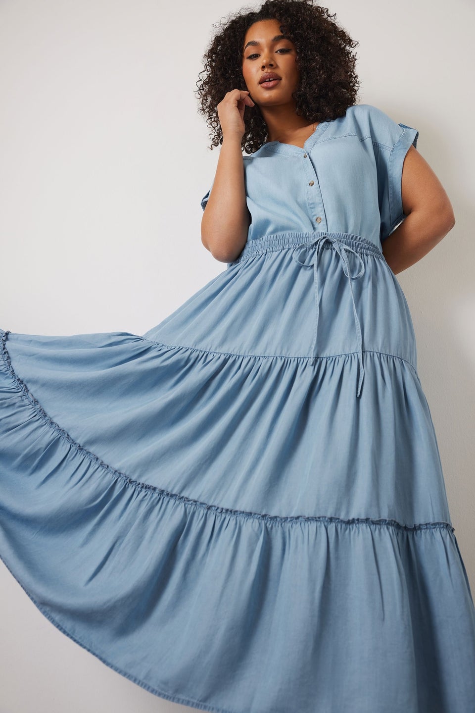Evans Curve Light Blue Lyocell Denim Tiered Skirt