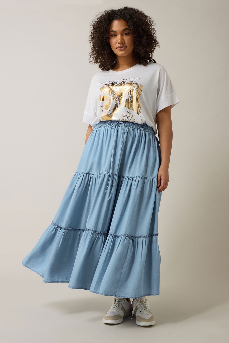 Evans Curve Light Blue Lyocell Denim Tiered Skirt