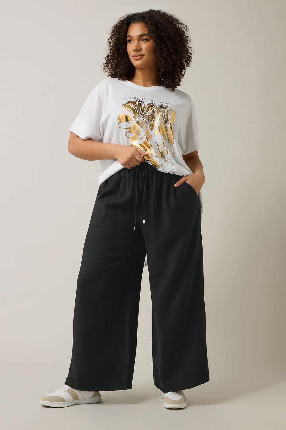 Evans Curve Black Elasticated Waist Wide Leg Trousers