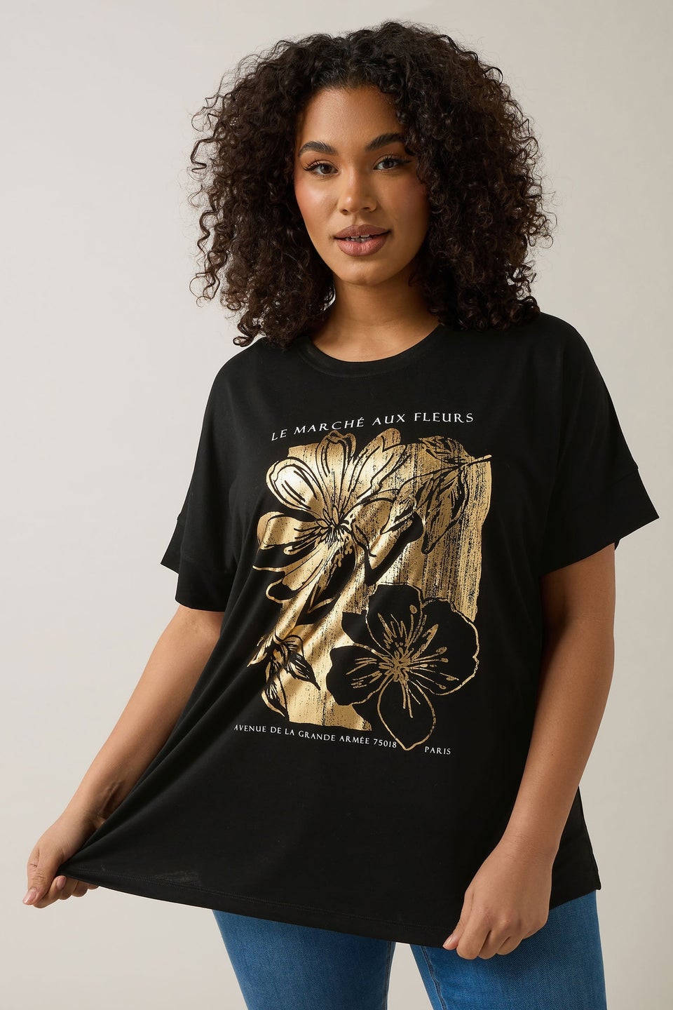 Evans Curve Black Metallic Floral Print Modal Rich T-Shirt