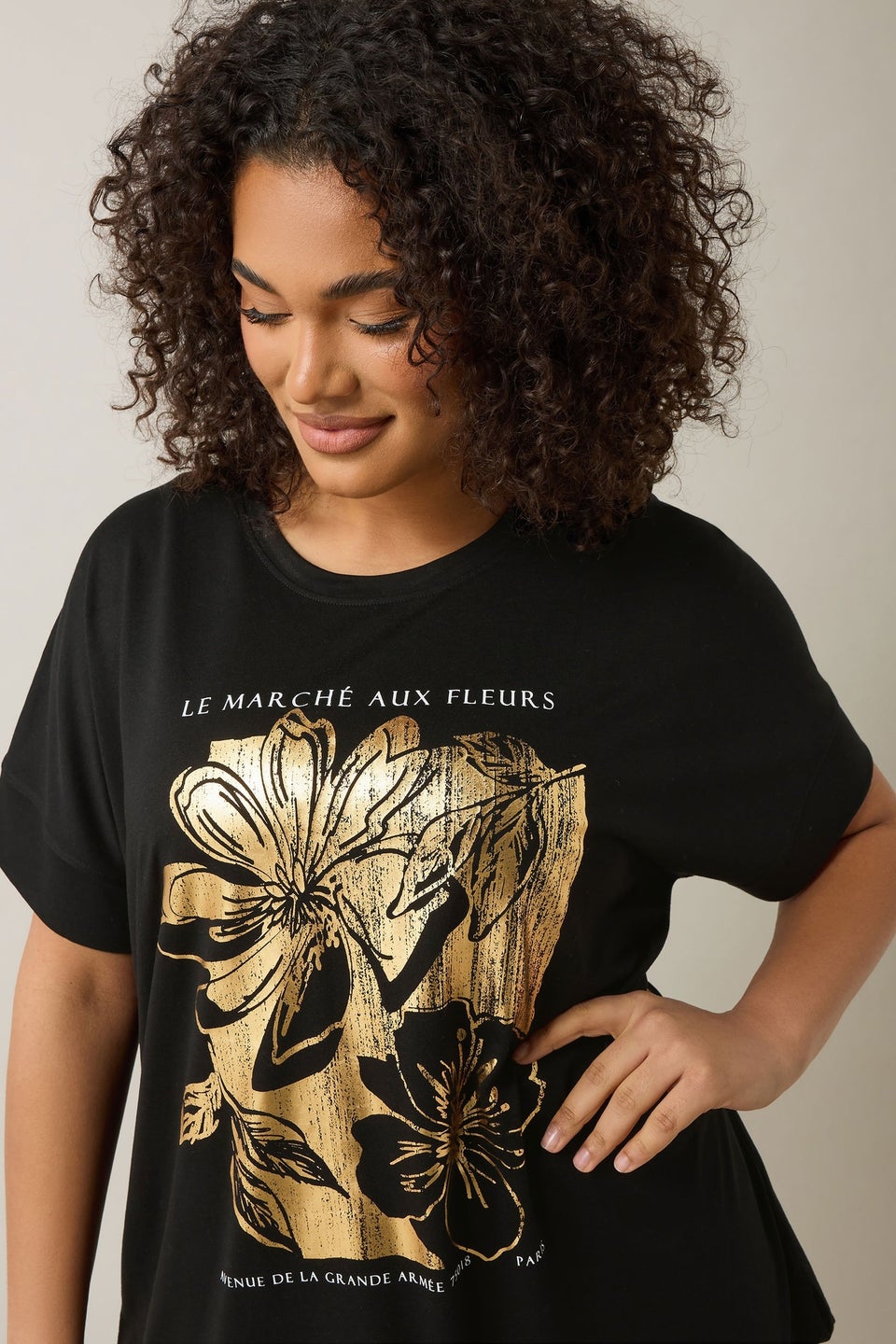 Evans Curve Black Metallic Floral Print Modal Rich T-Shirt