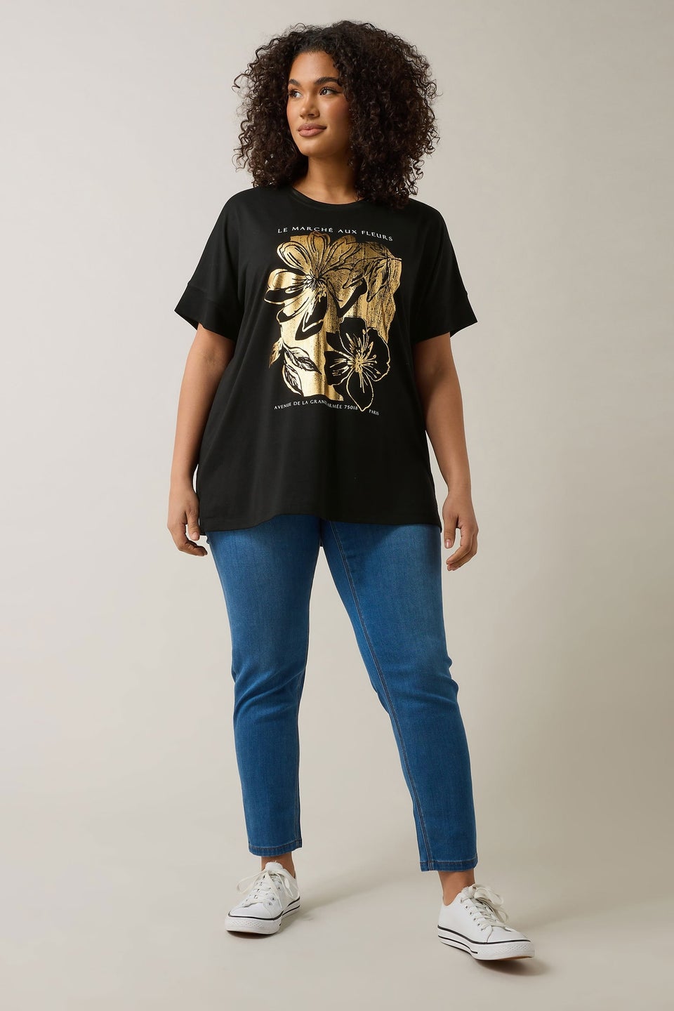 Evans Curve Black Metallic Floral Print Modal Rich T-Shirt