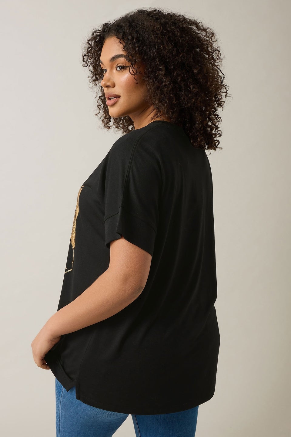 Evans Curve Black Metallic Floral Print Modal Rich T-Shirt