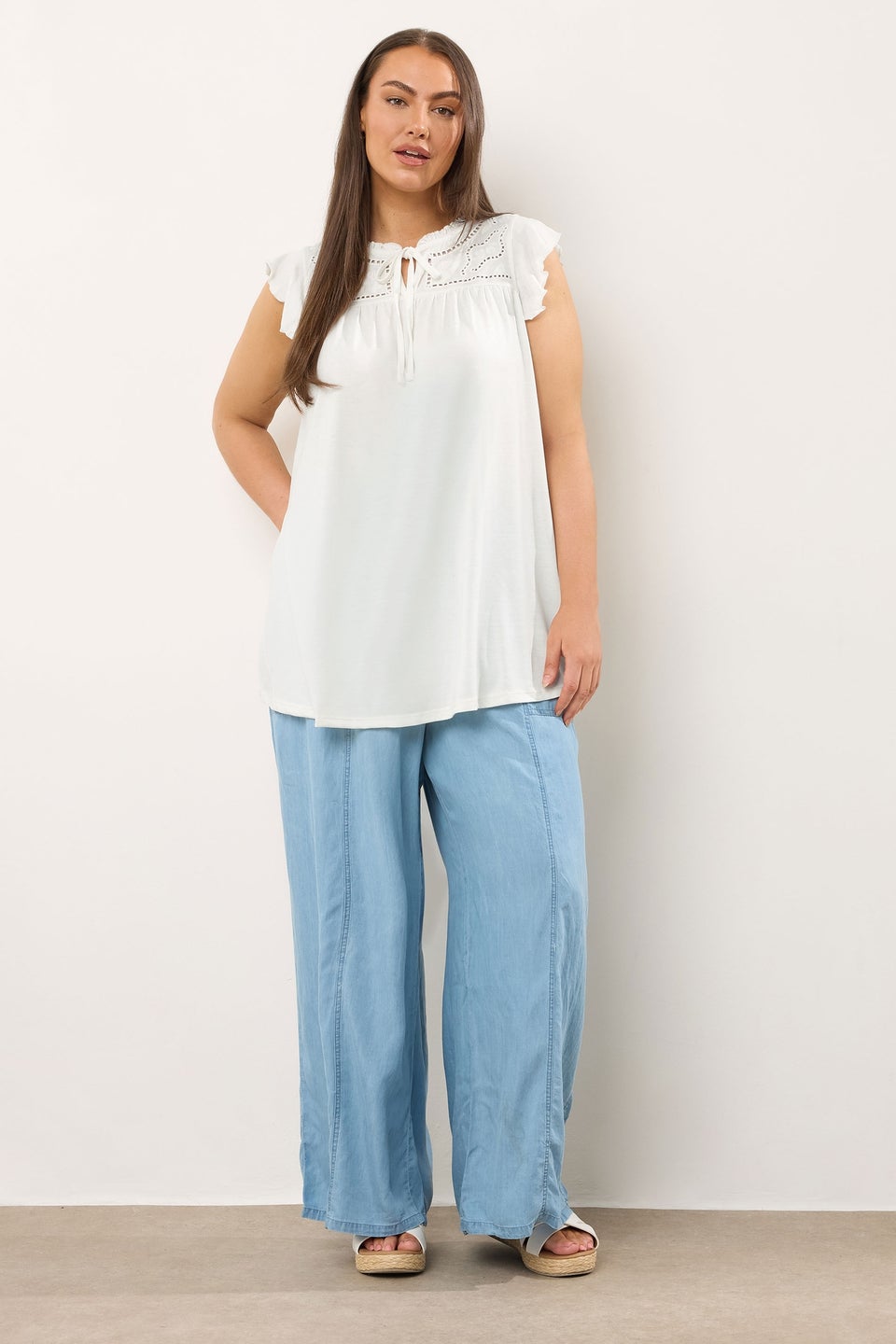 EVANS Curve White Cutwork Tie Neck Blouse
