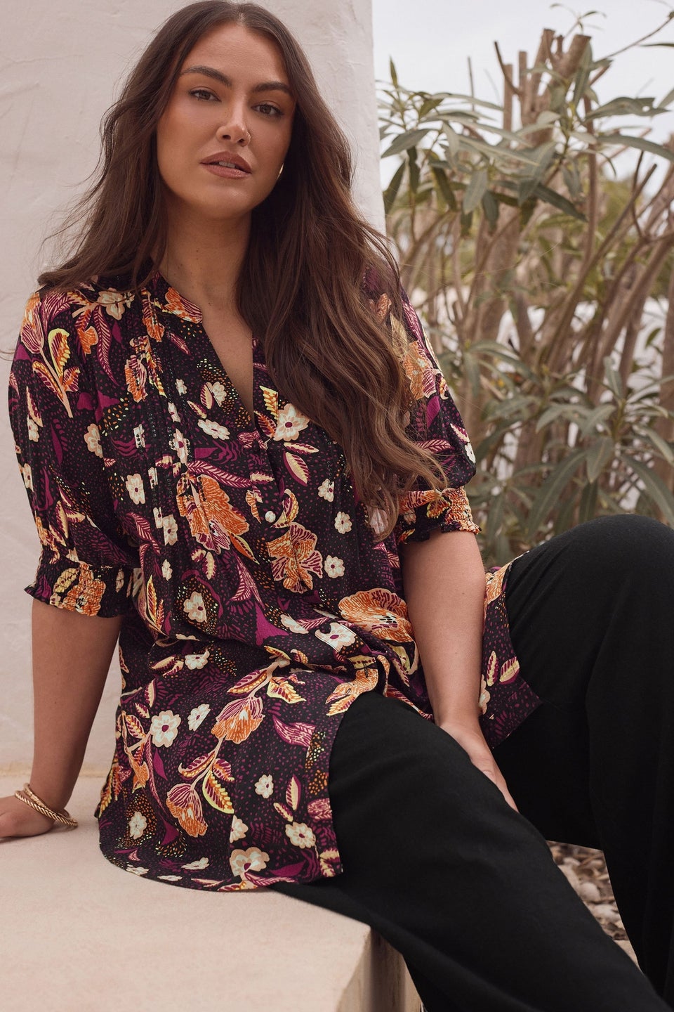 EVANS Curve Purple Floral Print Pintuck Blouse