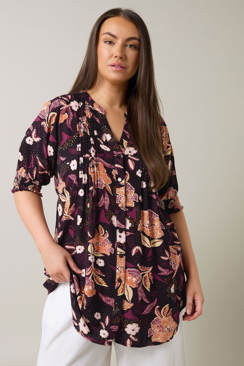 EVANS Curve Purple Floral Print Pintuck Blouse