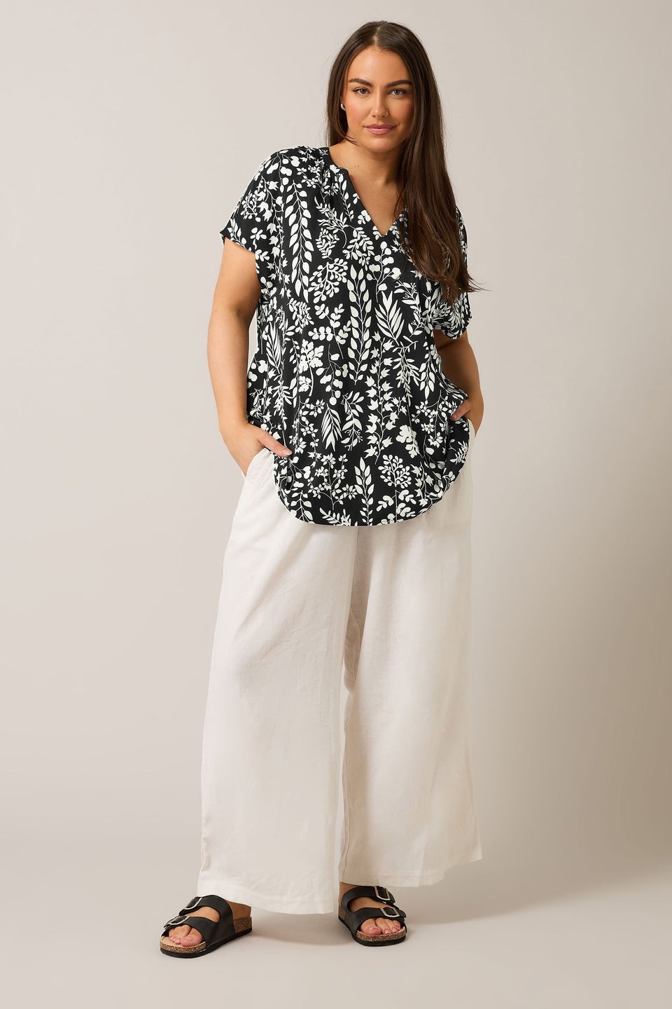 EVANS Curve Black & White Leaf Print Blouse