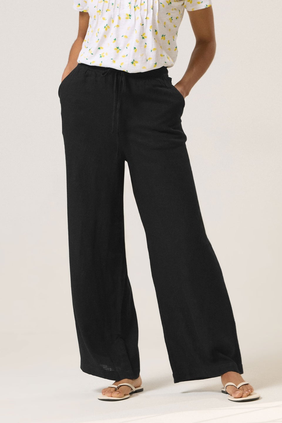 M&Co Black Drawstring Wide Leg Linen Trousers