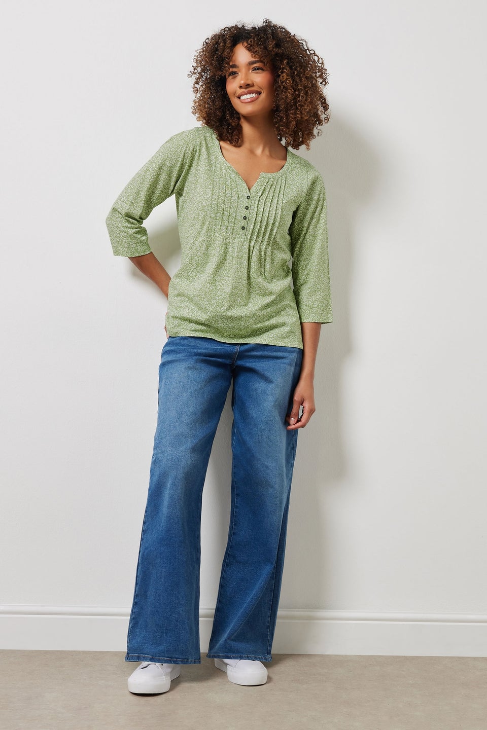 M&Co Green Floral Print 3/4 Sleeve Cotton Henley Top