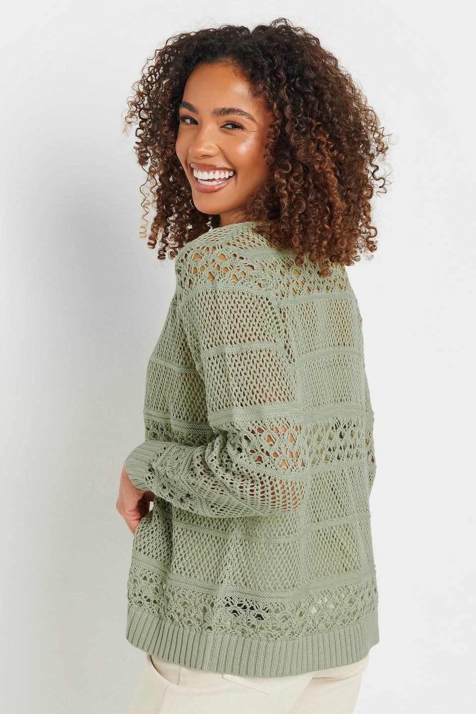 M&Co Sage Green Cotton Open Front Crochet Cardigan