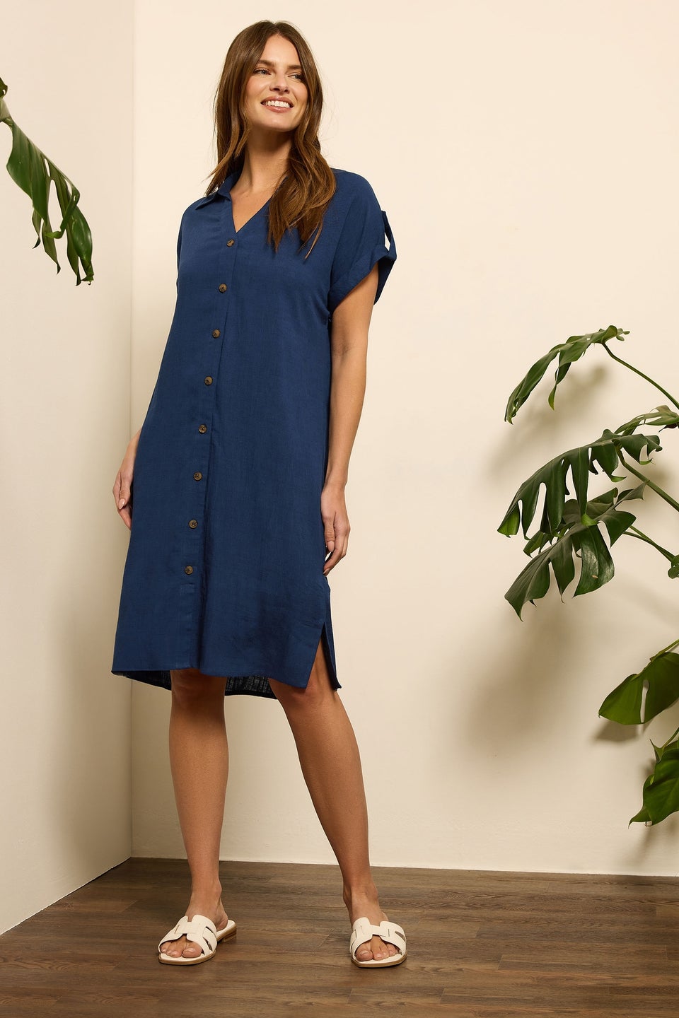 M&Co Navy Blue Relaxed Linen Shirt Dress
