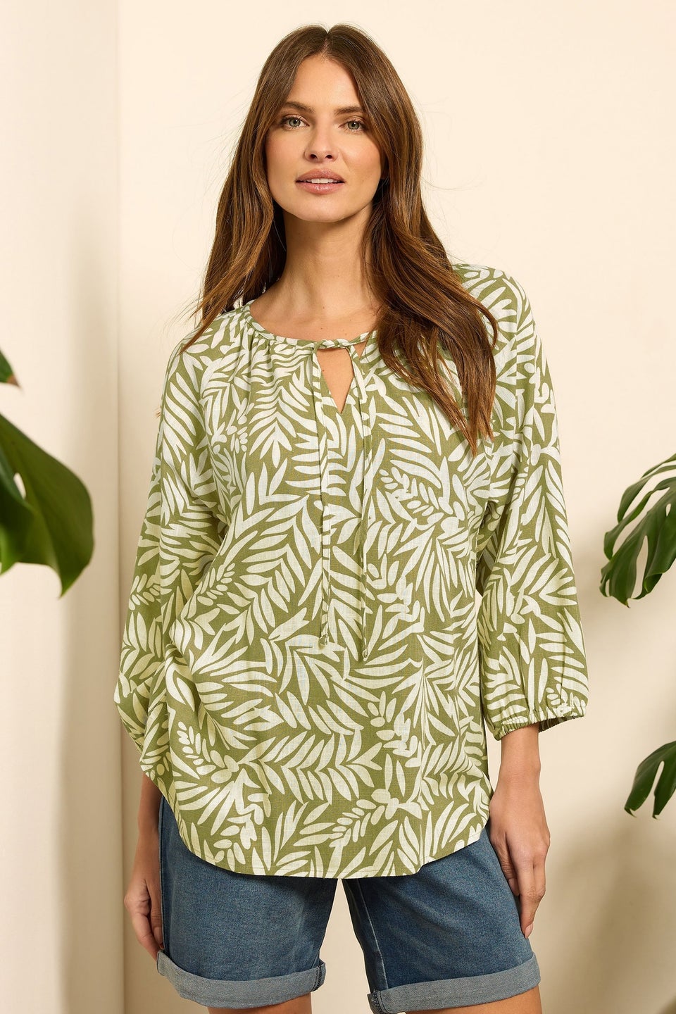M&Co Green Leaf Print Tie Neck Linen Blouse