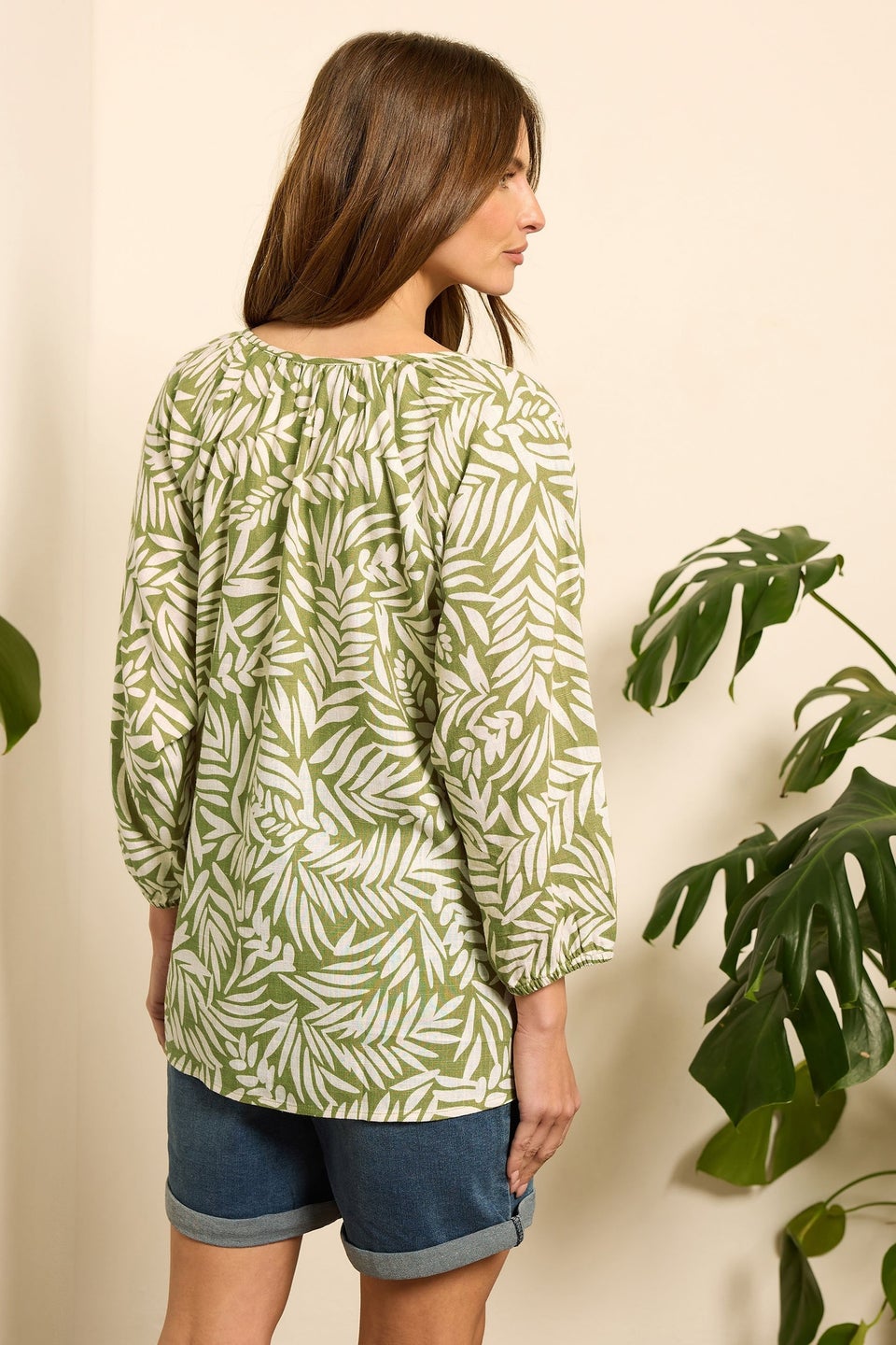 M&Co Green Leaf Print Tie Neck Linen Blouse