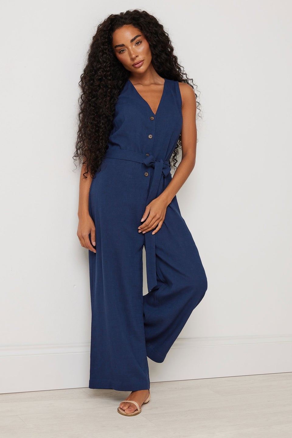 M&Co Petite Navy Blue Tie Waist Linen Jumpsuit
