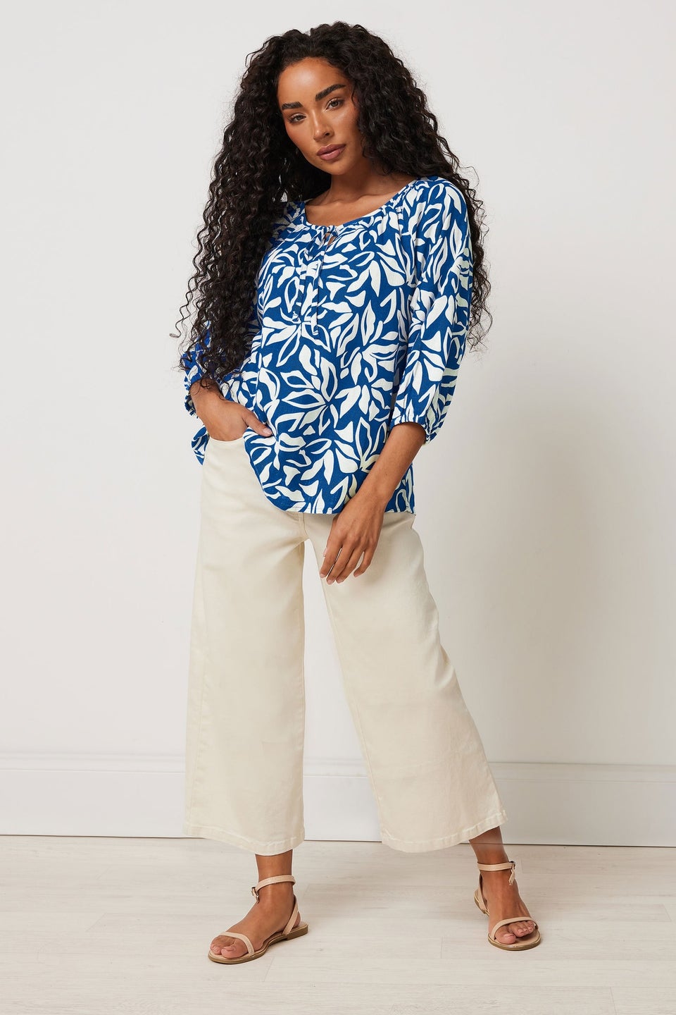 M&Co Petite Blue Leaf Print Tie Neck Linen Blouse