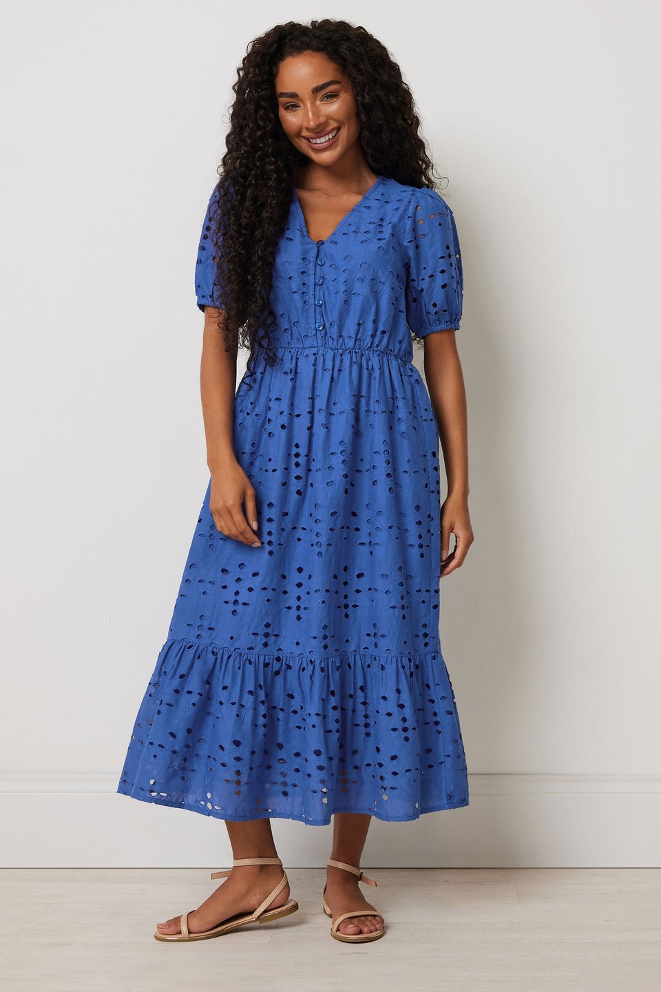 M&Co Petite Blue Cotton Broderie Tiered Dress
