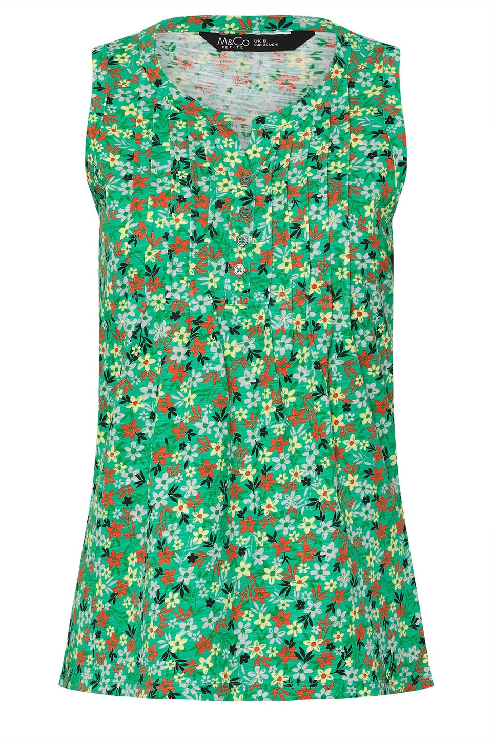 M&Co Petite Green Cotton Floral Print Sleeveless Henley Top