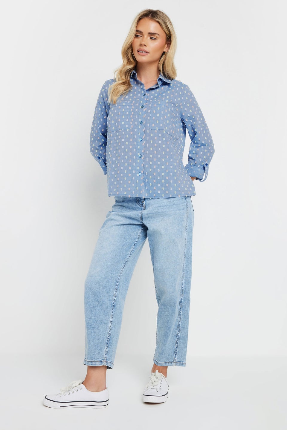 M&Co Petite Blue Cotton Dobby Long Sleeve Shirt