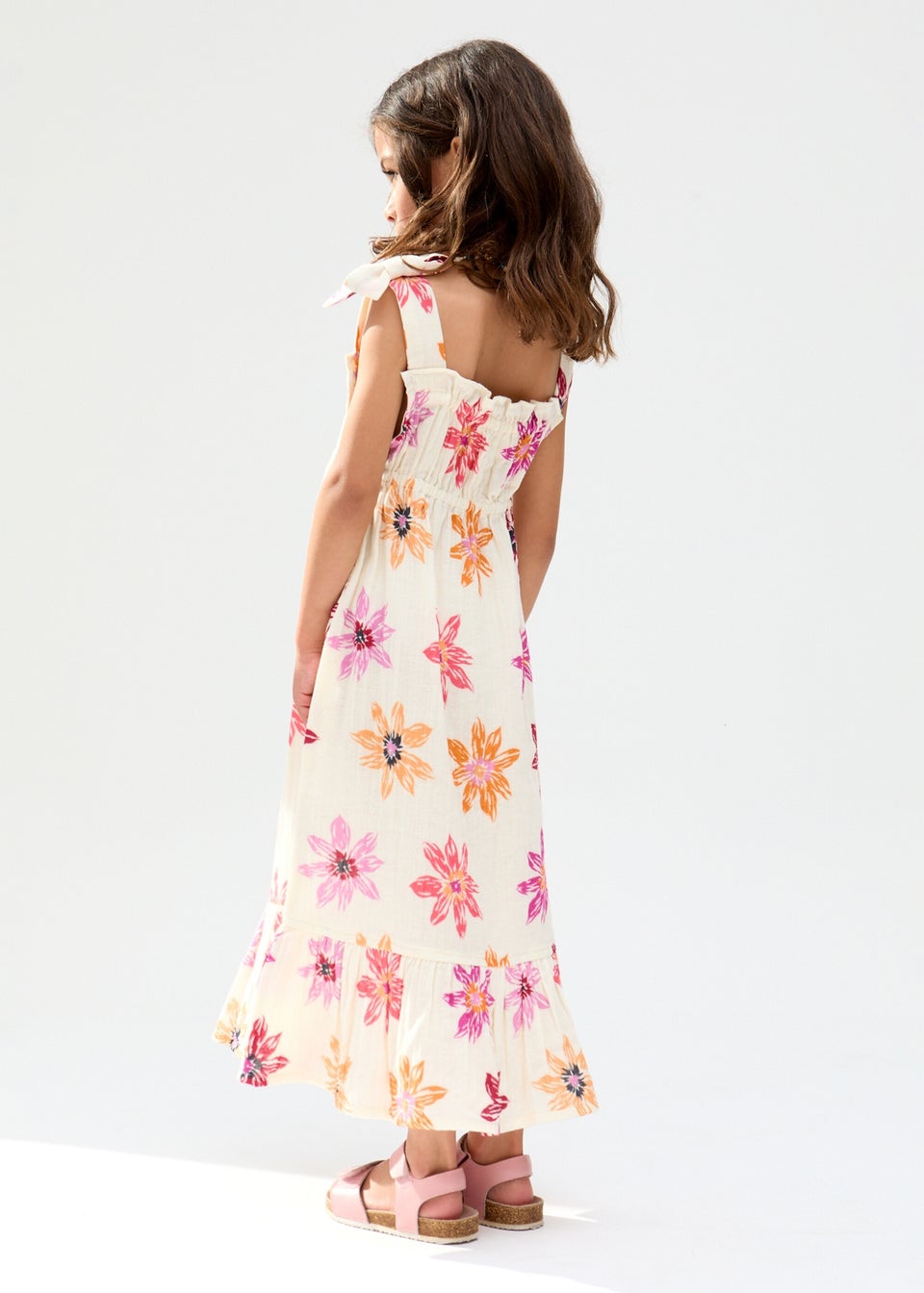 Raffya Kids Ecru Flora Gathered Hand Drawn Floral Print Dress (3-9 Years)