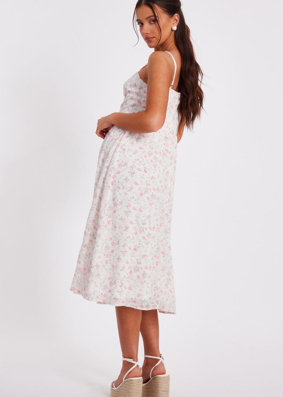 Quiz White Petite Floral Print Midi Dress