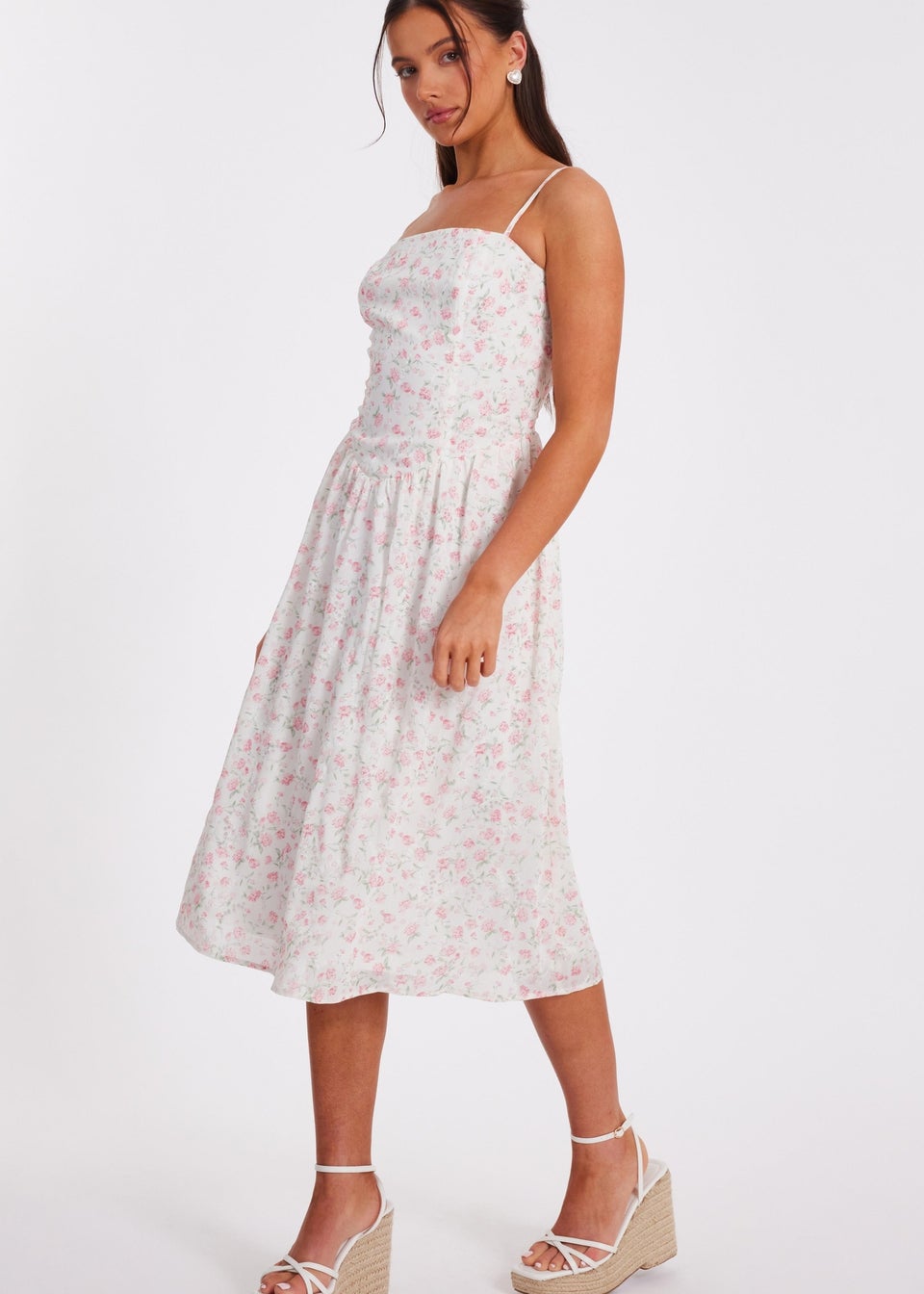 Quiz White Petite Floral Print Midi Dress