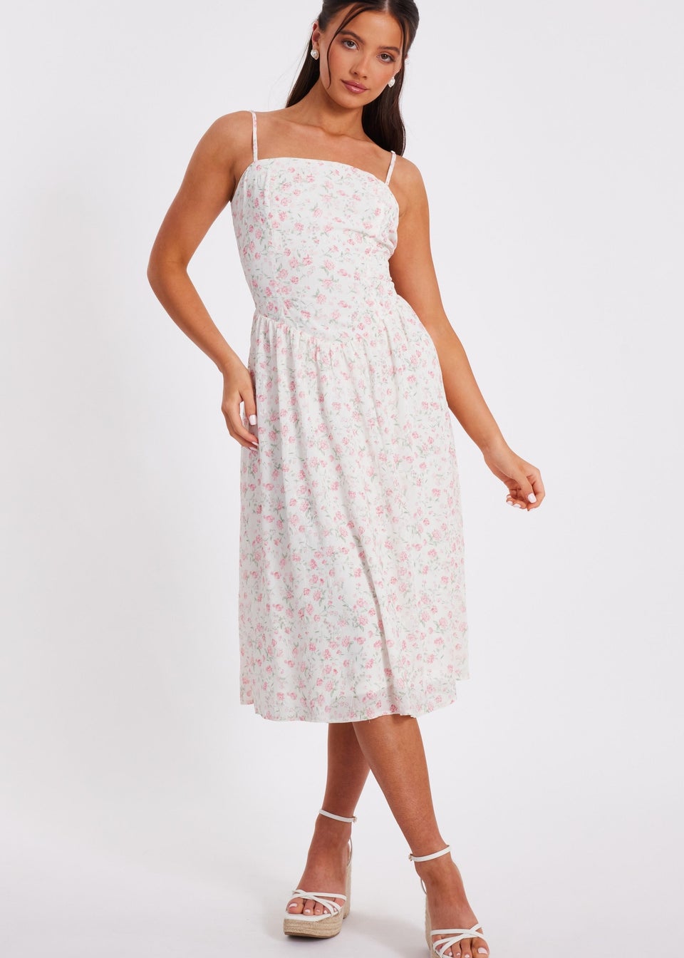 Quiz White Petite Floral Print Midi Dress