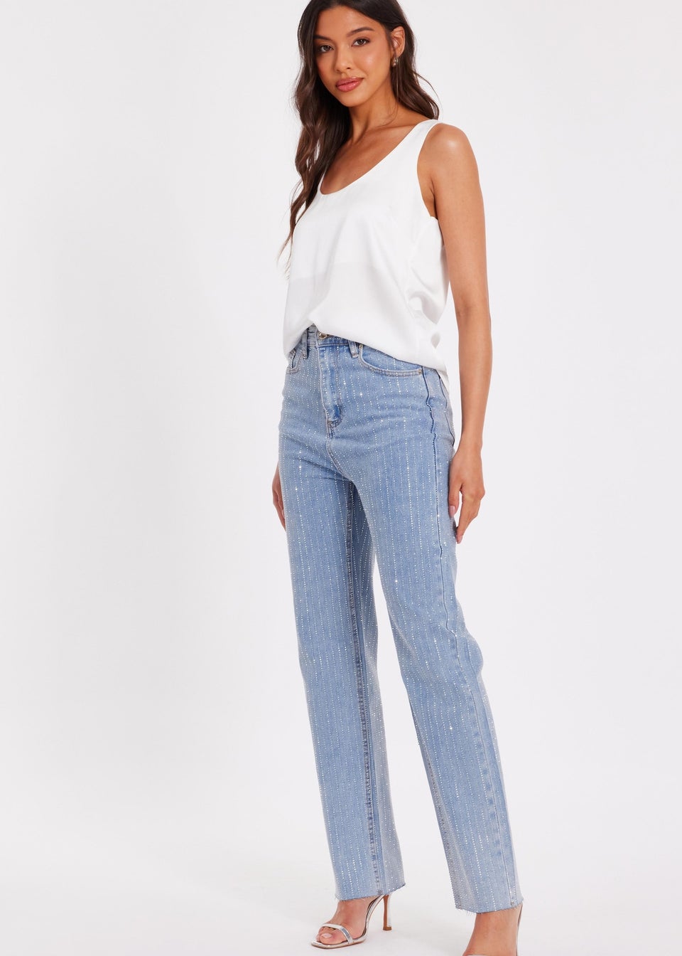 Quiz Blue Denim Diamante Stripe Jeans