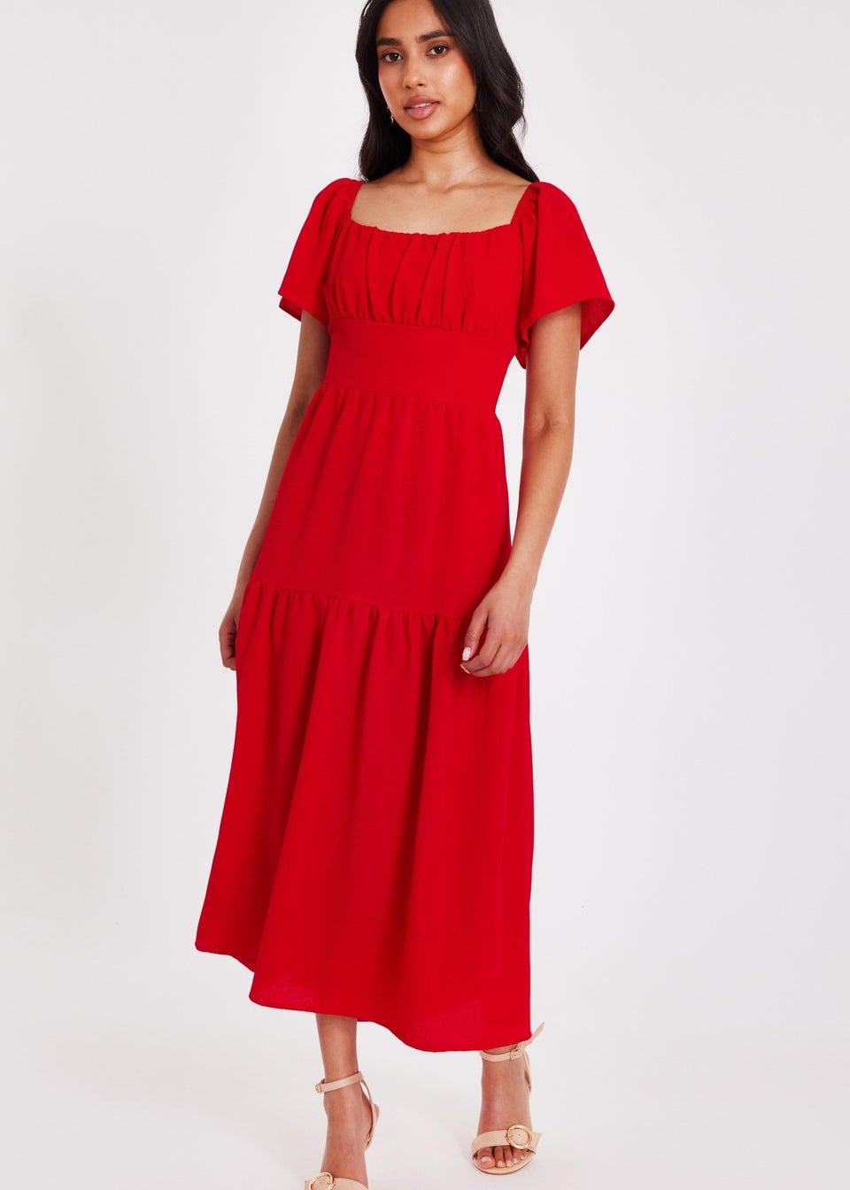 Quiz Red Petite Short Sleeve Midaxi Dress