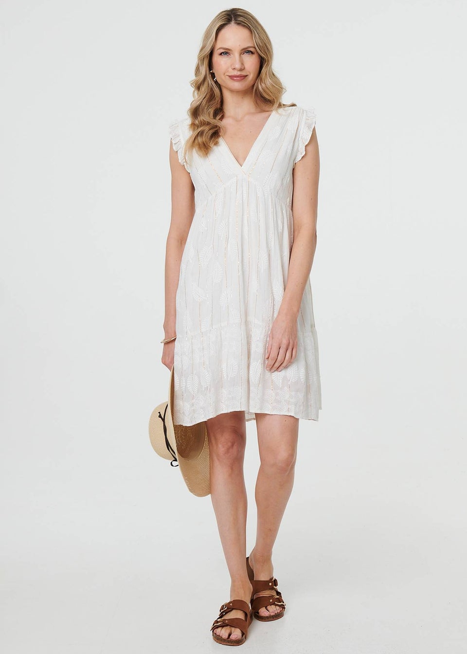 Izabel London White Metallic Striped Texture Short Dress