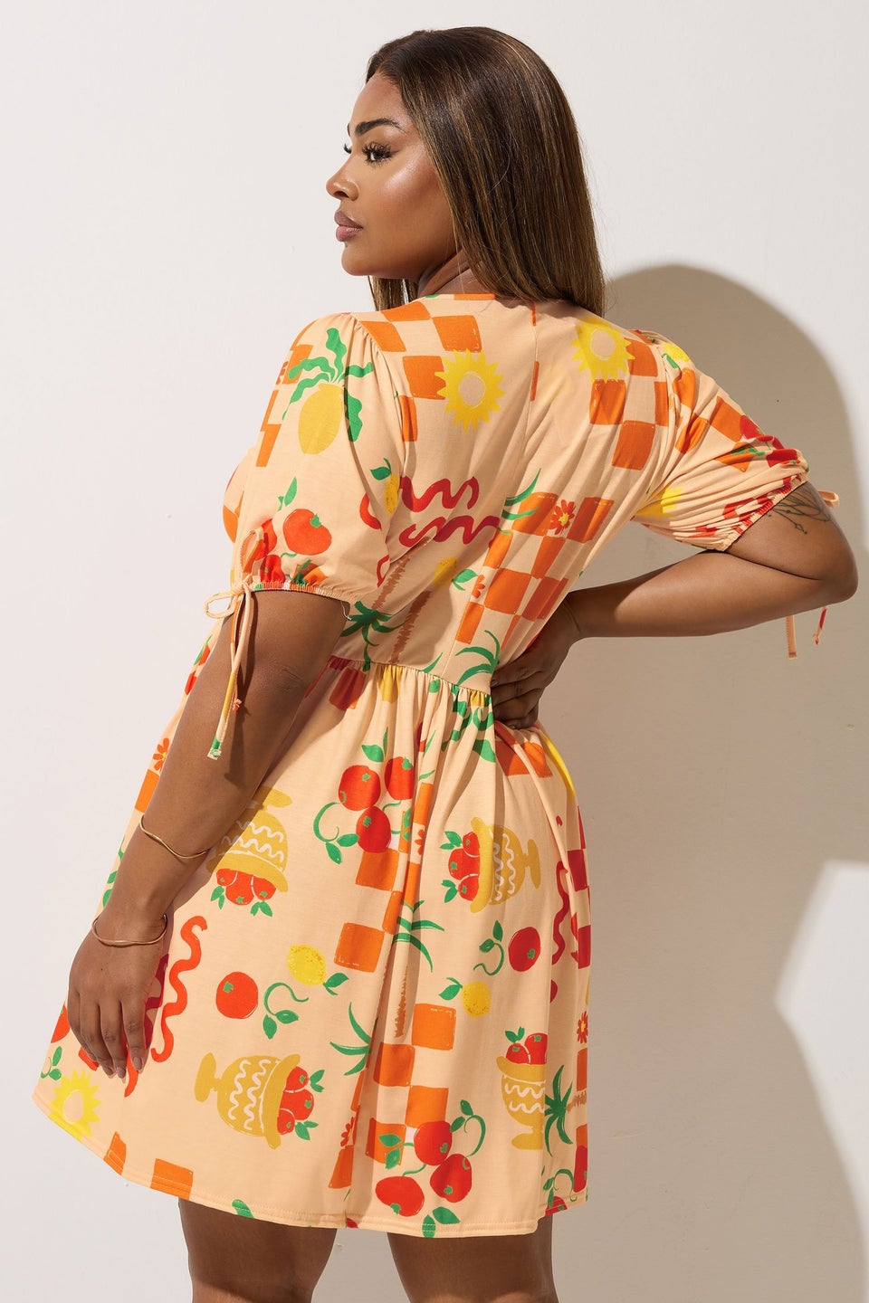 Yours Limited Collection Curve Orange Graphic Check Tie Neck Mini Dress