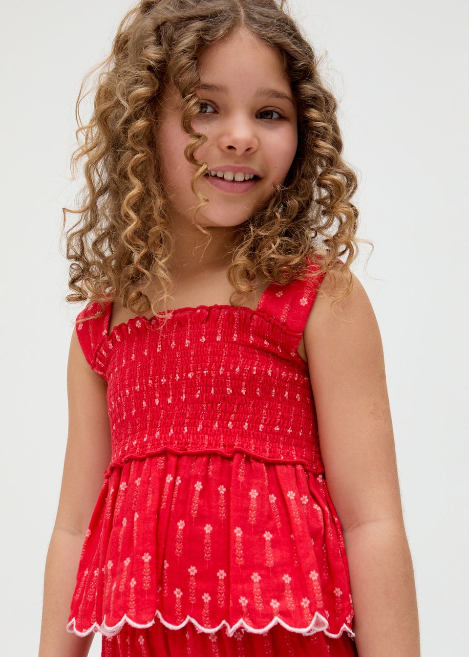 Raffya Kids Red Sia Shirred Floral Print Co-ord Set (3-9 Years)