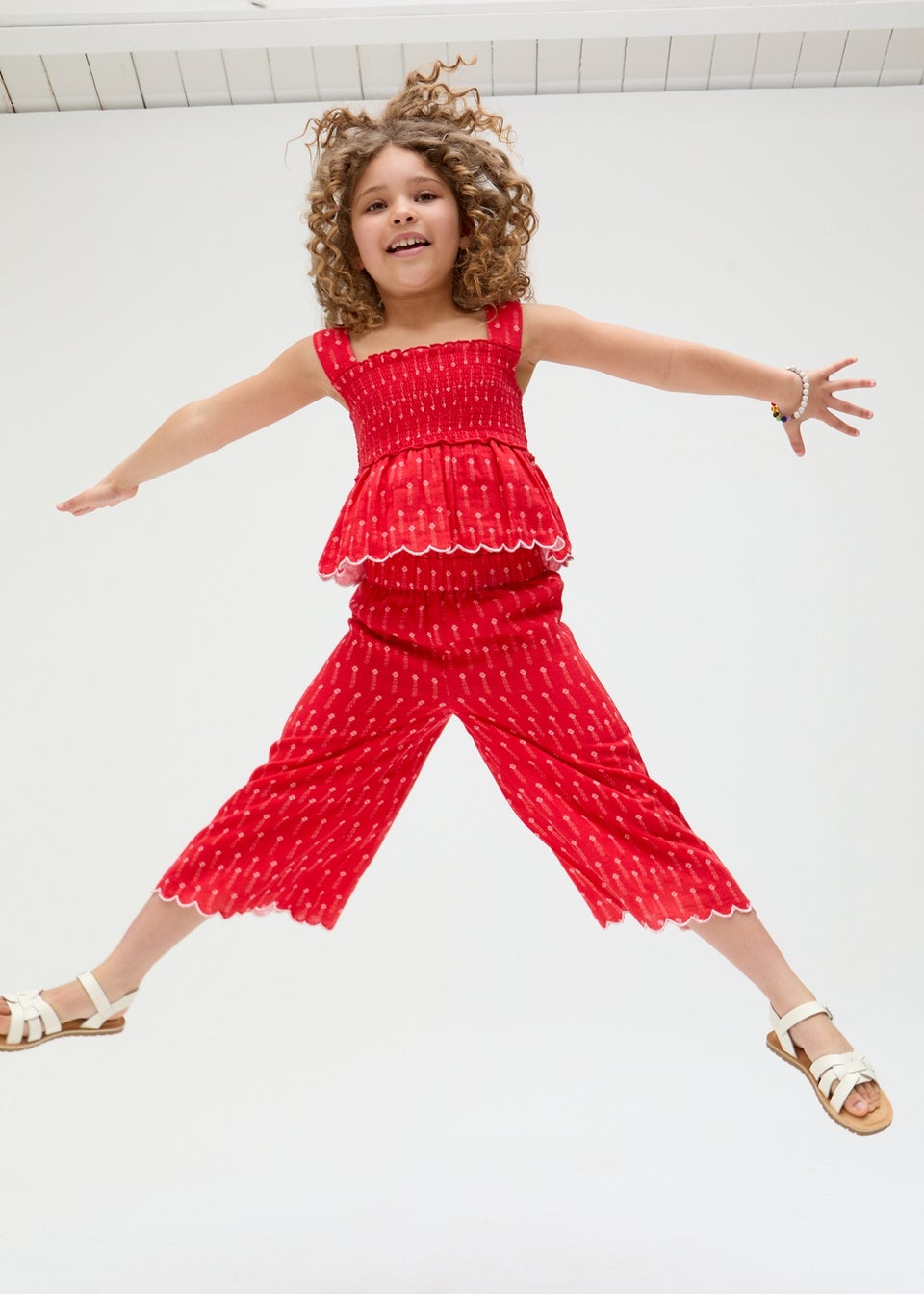 Raffya Kids Red Sia Shirred Floral Print Co-ord Set (3-9 Years)