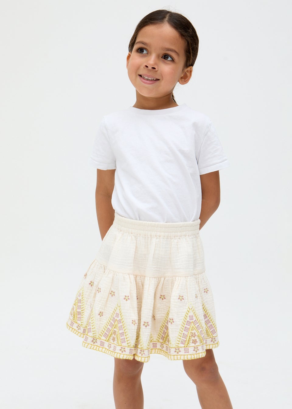 Raffya Kids Ecru Staranisse Tiered All Over Embroidered Skirt (3-9 Years)