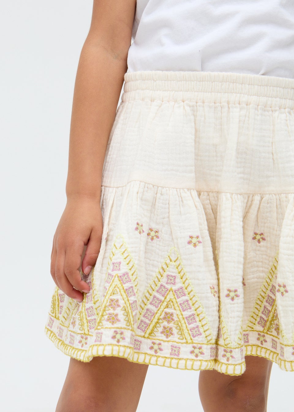 Raffya Kids Ecru Staranisse Tiered All Over Embroidered Skirt (3-9 Years)