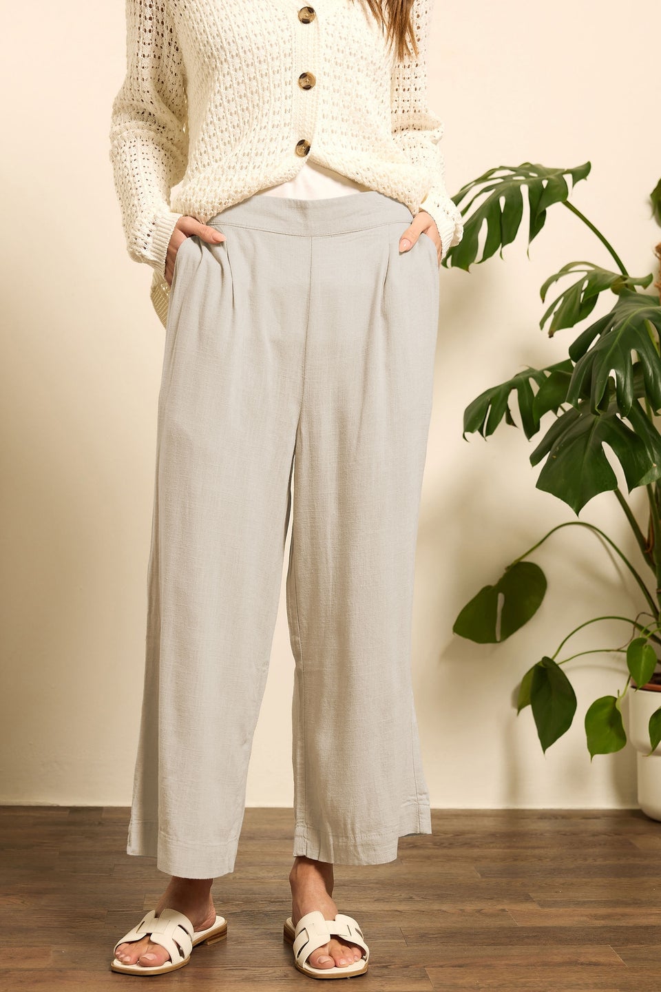 M&Co Natural Brown Cropped Wide Leg Linen Trousers