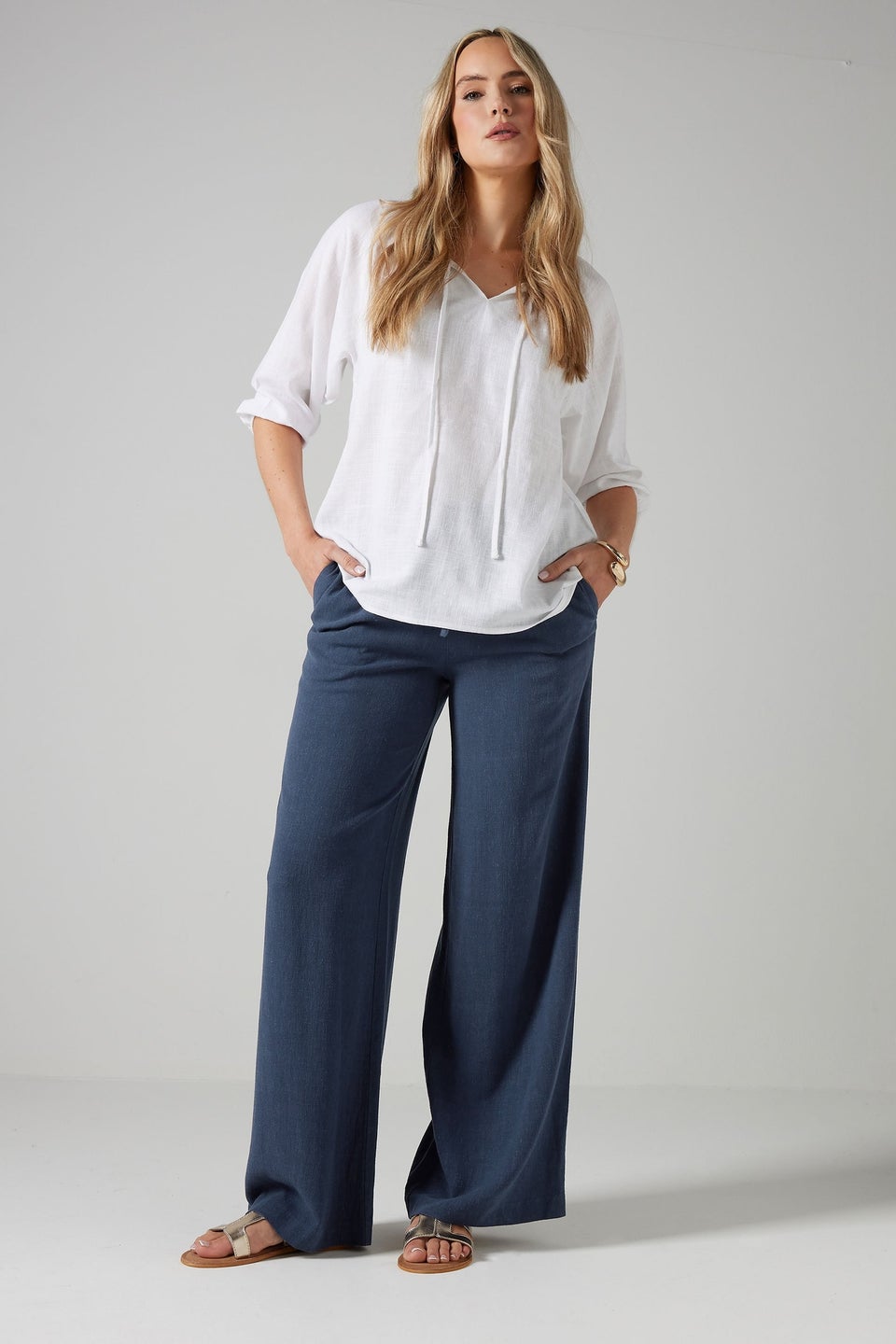 Long Tall Sally Navy Blue Linen Tie Waist Trousers