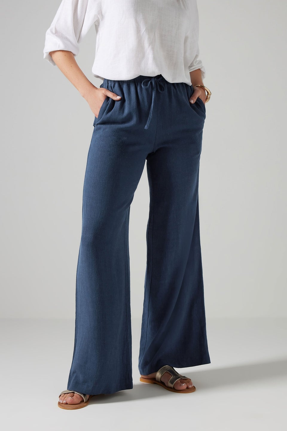 Long Tall Sally Navy Blue Linen Tie Waist Trousers