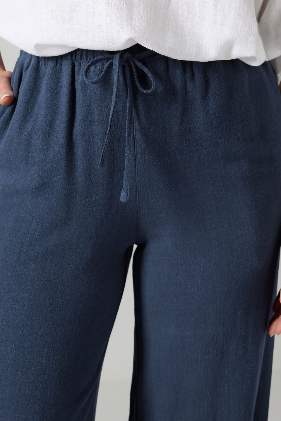 Long Tall Sally Navy Blue Linen Tie Waist Trousers