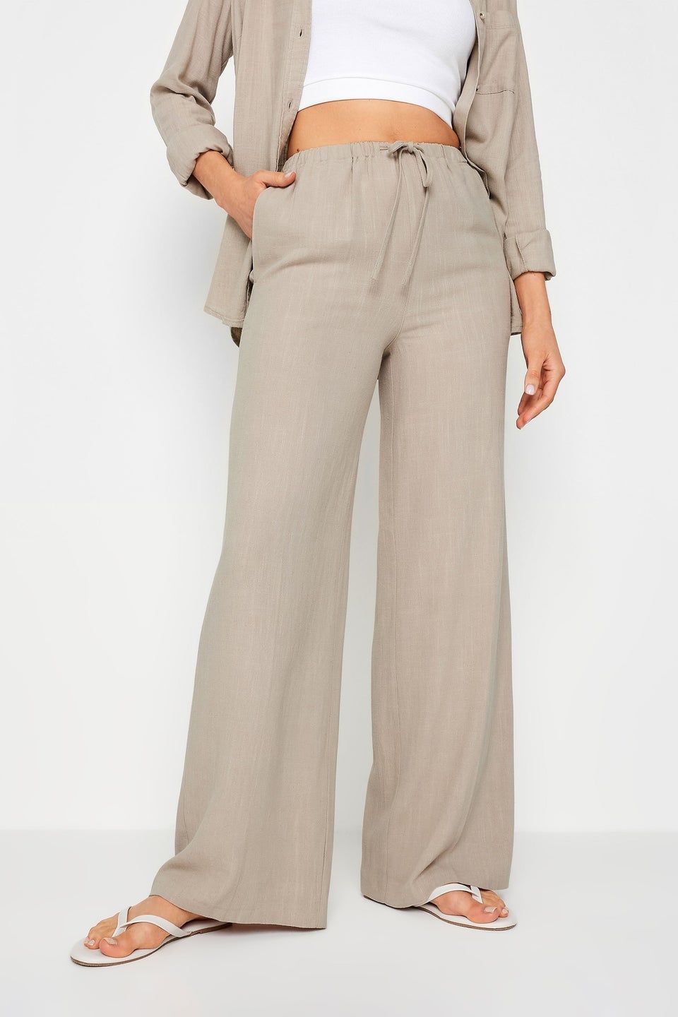 Long Tall Sally Stone Brown Linen Tie Waist Wide Leg Trousers