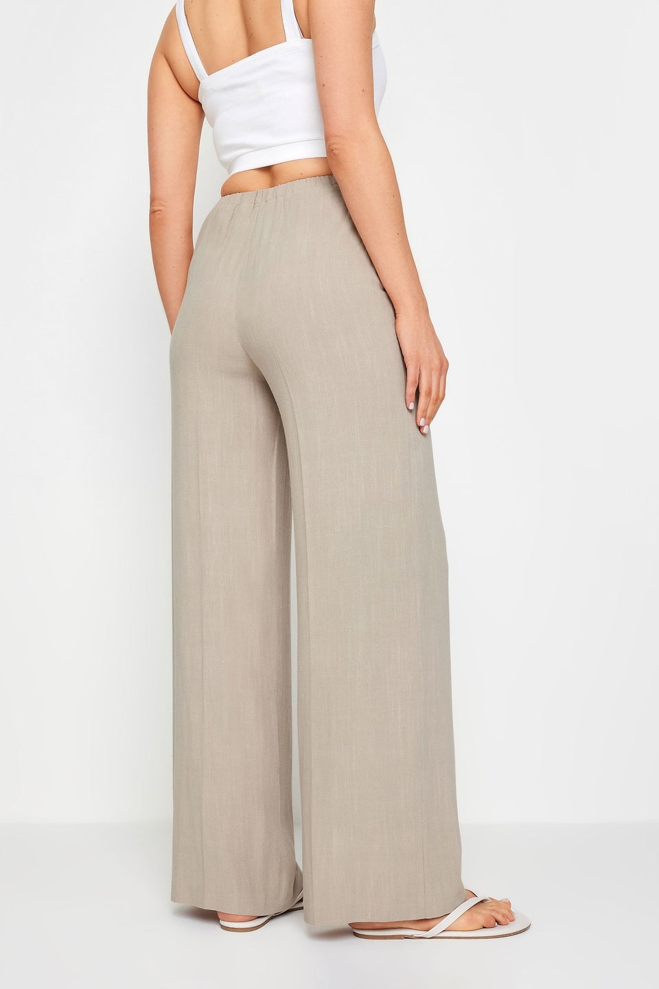 Long Tall Sally Stone Brown Linen Tie Waist Wide Leg Trousers