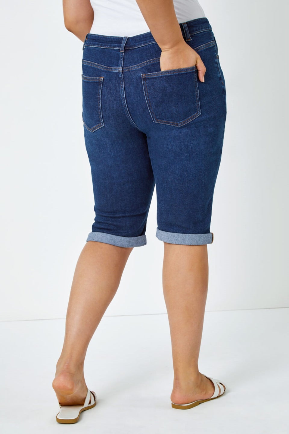 Roman Indigo Curve Stretch Knee Length Denim Shorts