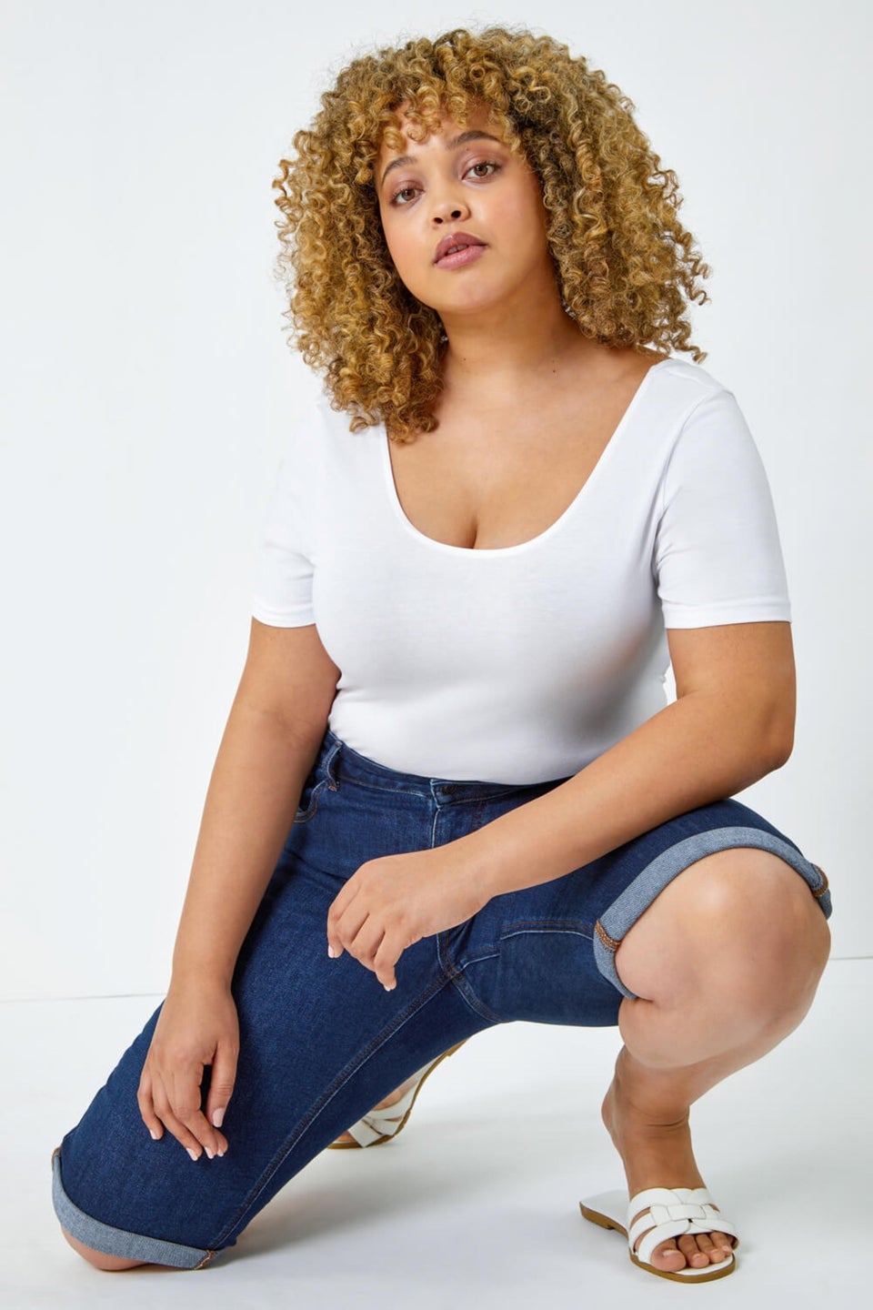 Roman Indigo Curve Stretch Knee Length Denim Shorts