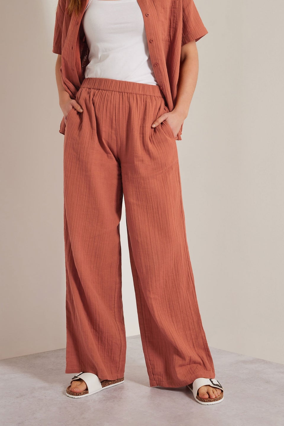 Long Tall Sally Rust Orange Cotton Cheescloth Wide Leg Trousers