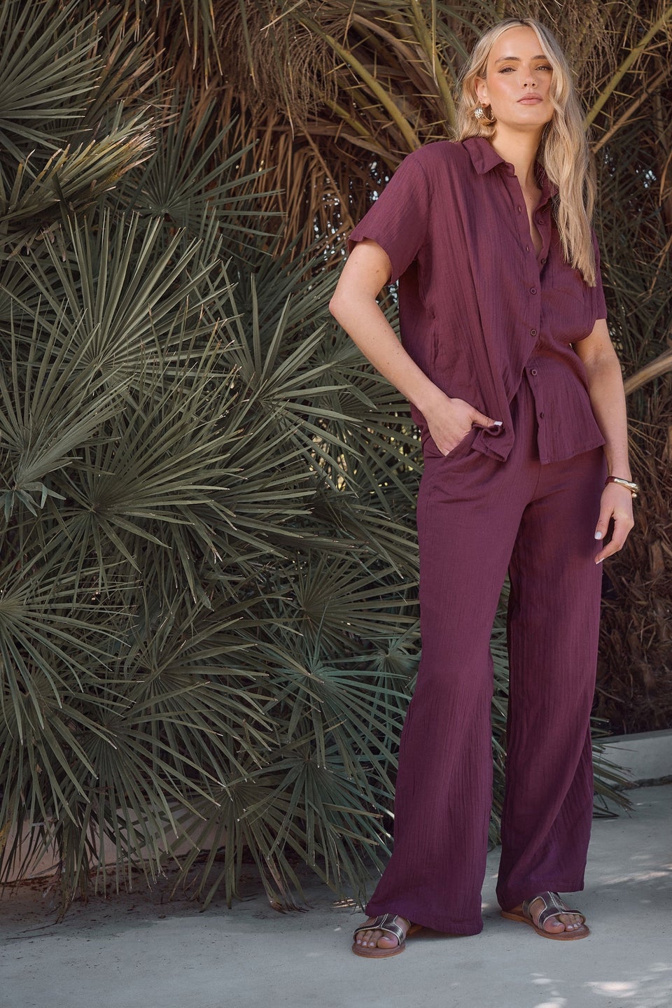 Long Tall Sally Dark Red Cotton Cheescloth Wide Leg Trousers