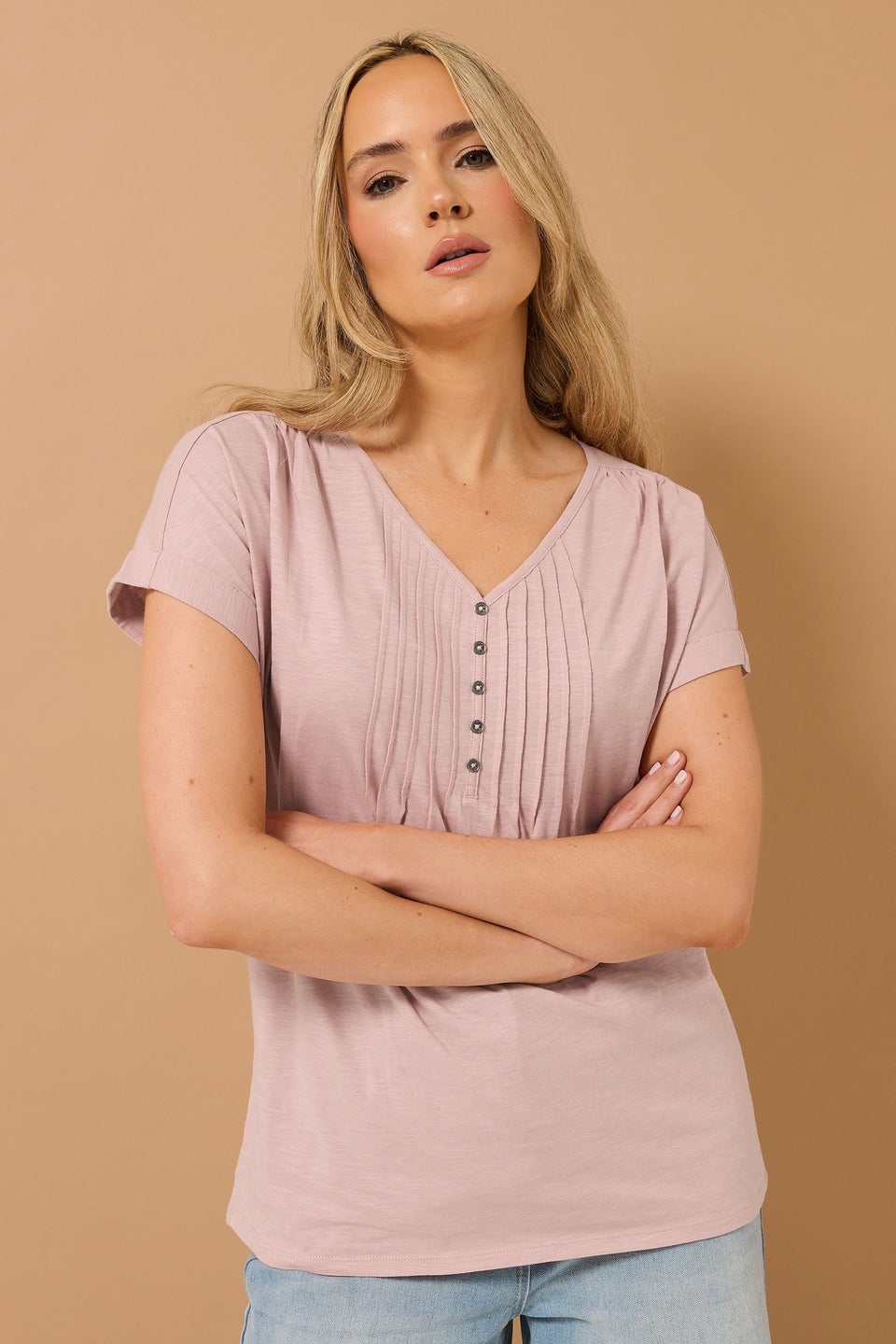 Long Tall Sally Light Pink Cotton Short Sleeve Henley Top