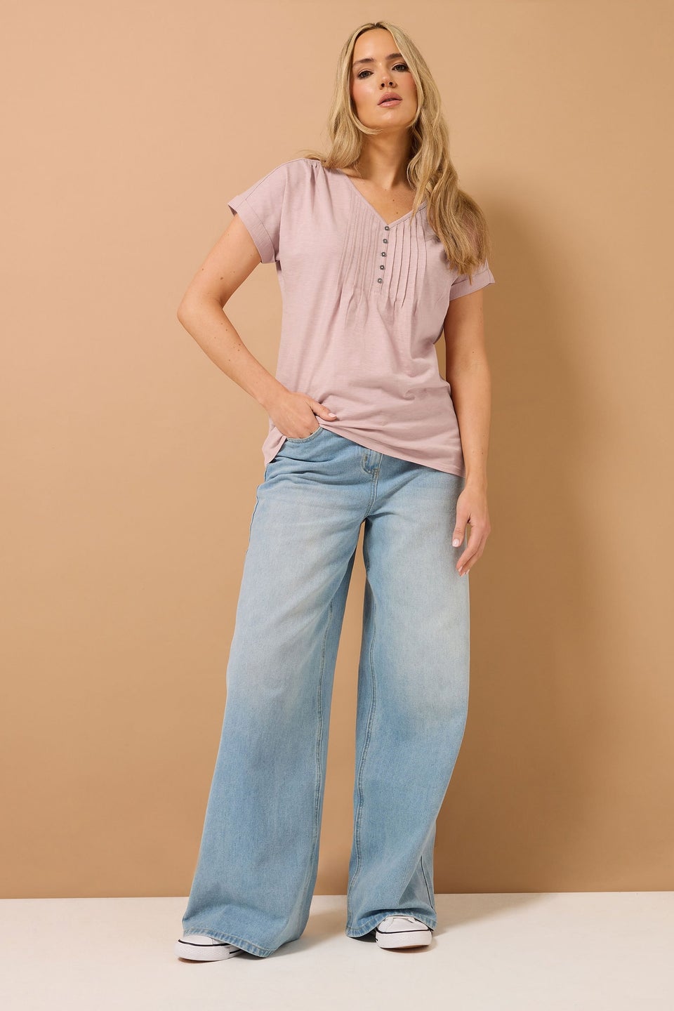 Long Tall Sally Light Pink Cotton Short Sleeve Henley Top