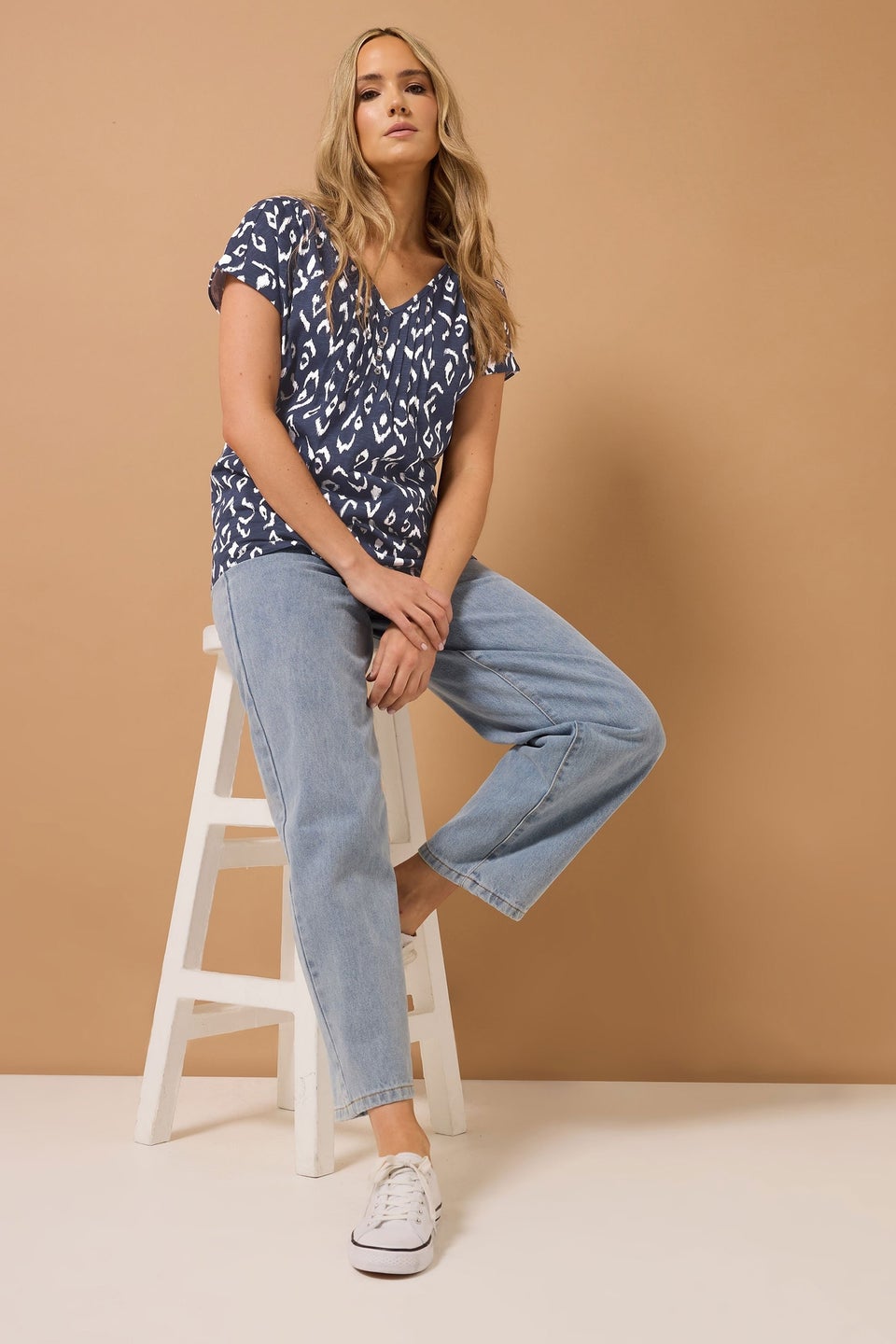 Long Tall Sally 2 Pack Navy Blue & White Abstract Cotton Henley Tops