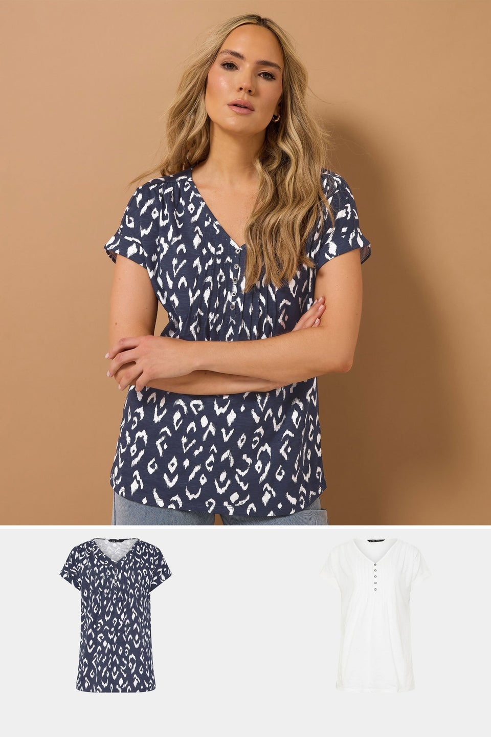 Long Tall Sally 2 Pack Navy Blue & White Abstract Cotton Henley Tops