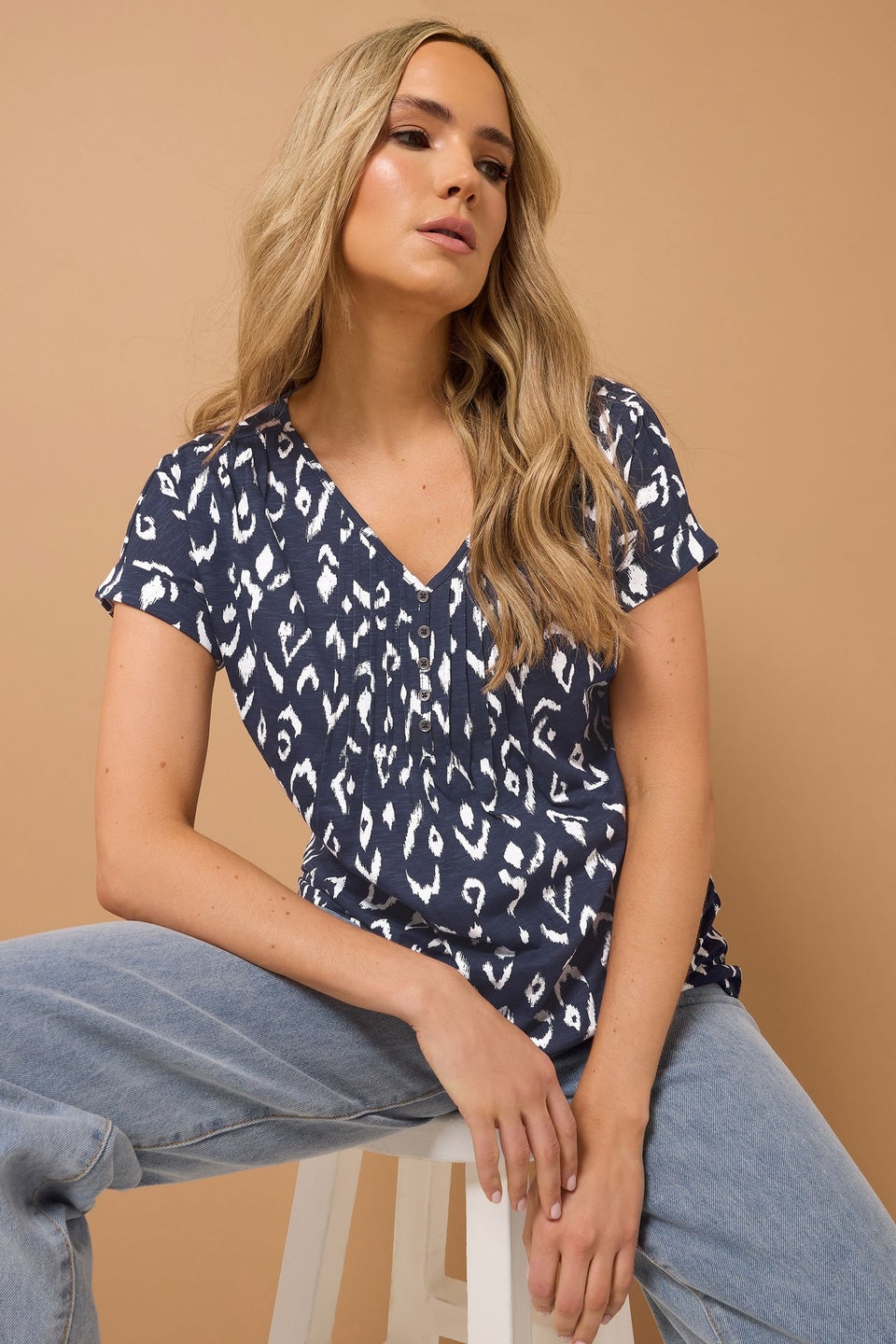 Long Tall Sally 2 Pack Navy Blue & White Abstract Cotton Henley Tops