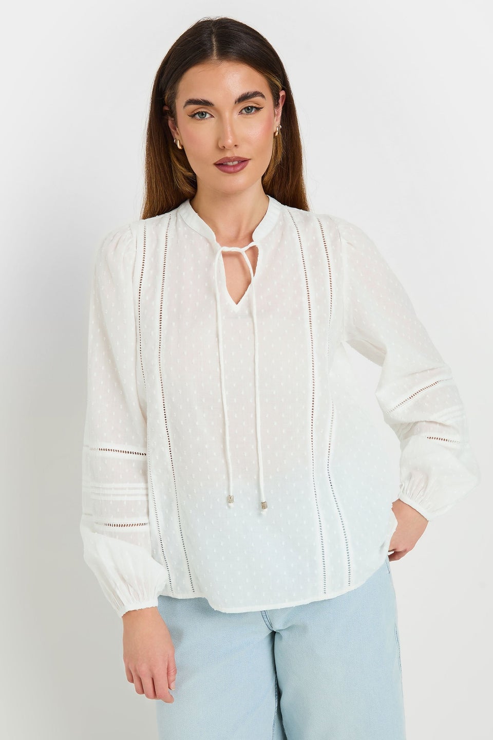 Long Tall Sally White Cotton Dobby Tie Neck Blouse
